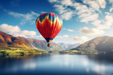 a colourful hot air balloon over a clear cloudy sky, below lakes and hills