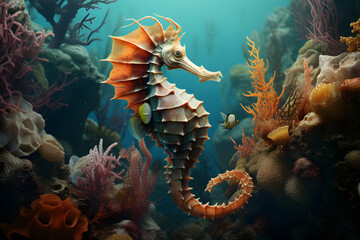 sea horse amoung the corals in the depth of sea  - obrazy, fototapety, plakaty