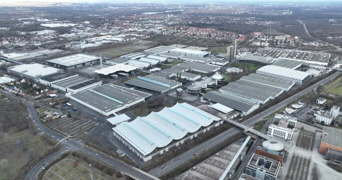 Hamburg Trade Fair and Congress center. Trade shows at modern exhibition halls located in the heart of Hamburg, Germany. Aerial birds eye drone view. Hamburg Fair, Hamburg Messe.