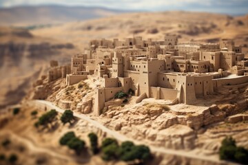 Diorama of an ancient fortress town, perched atop a hill, with a tilt shift effect that accentuates...