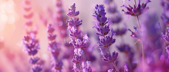 Obraz premium Agriculture harvest background landscape panorama - Close up of blooming lavender field (lavandula angustifolia) 