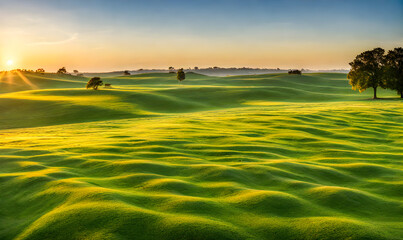 Wide lawn trimmed with precision under a sunset sky