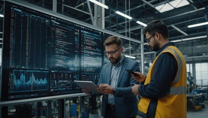 Factory Digitalization Two Industrial Engineers Use Tablet Computer, Visualize the Wall of Big Data Statistics, Optimization of High-Tech Electronics Facility, Industry 4.0 Machinery Production