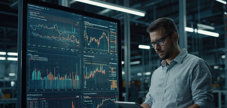 Factory Digitalization Two Industrial Engineers Use Tablet Computer, Visualize the Wall of Big Data Statistics, Optimization of High-Tech Electronics Facility, Industry 4.0 Machinery Production