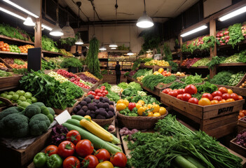 Fototapeta na wymiar Mercado interior con frutas y verduras frescas, iluminación cálida.Origen: Conversación con Bing, 29/2/2024 (1) https://www.enlazadot.com/noticias/aumentaron-5-28-por-ciento-los-precios-de-la-canast