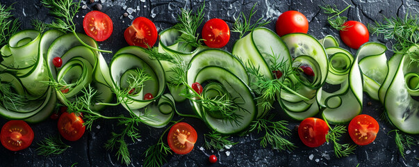Freshly cut cucumber ribbons, cherry tomatoes, and dill forming an elegant display on a minimalist black background. Top view space to copy. - Powered by Adobe