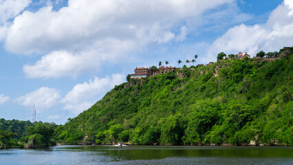 Ancient village Altos de Chavon view from Tropical river Chavon in Dominican Republic.