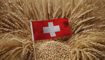 Switzerland flag on barley grain. Origin of barley, agribusiness of growing barley