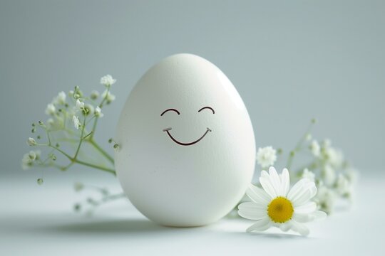 White Easter egg with drawn smile and flowers