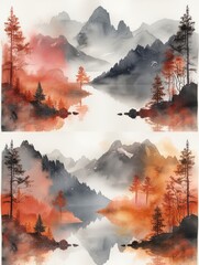 Watercolor Illustration of Blush Pink and Ivory Mountains Generative AI