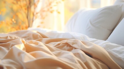 Bed with white sheets and yellow blanket
 - obrazy, fototapety, plakaty