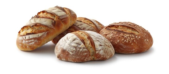 A group of freshly baked loaves of bread, including sourdough, arranged neatly on a plain white background. The loaves vary in size and shape, showcasing their crusty exterior and soft interior.