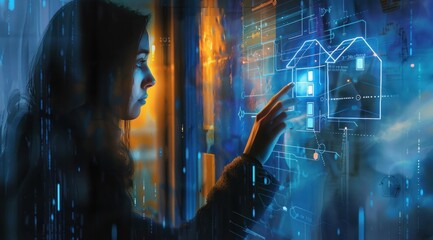 Une femme utilisant une tablette avec un hologramme d'une maison. Concept de maison intelligente, de matériel et de technologie futuriste.