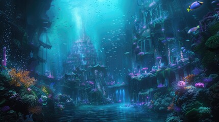Obraz na płótnie Canvas An underwater city with bioluminescent coral, schools of colorful fish, and ancient ruins, all illuminated by the eerie glow of an underwater volcano. Resplendent.