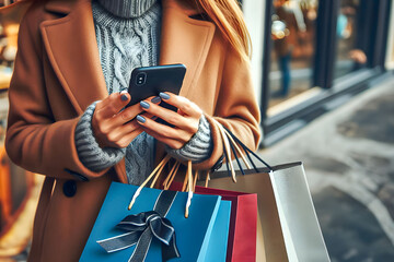 A stylish shopper in a city, checking their phone during a shopping spree - obrazy, fototapety, plakaty