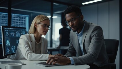 Female and Male Engineers Using Laptop Computer to Analyze and Discuss How to Proceed with the Artificial Intelligence Software, Casually Chatting in High Tech Research Office