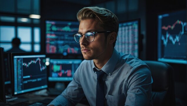 Portrait of Young Handsome Stock Exchange Broker Working on Computer, Researching Real-Time Stocks Data, Analyzing Commodities and Exchange Market Charts. Professional Investment Agent in Office