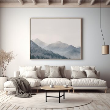 A white couch sits in a living room adorned with a painting on the wall. The Scandinavian-style interior exudes simplicity and elegance. © Vusal
