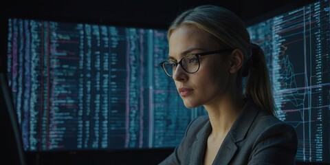 Portrait of Young Woman Working on Laptop Computer, Looking at Big Digital Screen Displaying Back-end Code Lines, Professional Programmer Developing a Big Data Interface Software Project