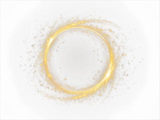 Gold light circle with sparkles, vector magic glow 3d effect. Realistic golden shiny ring or swirl, round frame of flare trail with glitter dust, golden fairy dust isolated on transparent background