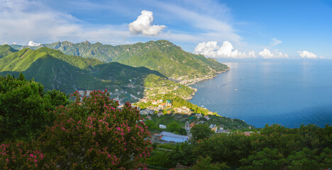 Ravello enchanting vista offers a tranquil retreat above the Amalfi Coast, with lush greenery...