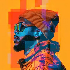 A generative AI image depicting a Black man adorned with vibrant geometric shapes overlaying his figure. He wears an orange beanie and sunglasses, gazing off to the side, evoking an urban music theme.