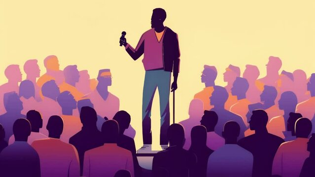 An image of a community member standing in front of a crowd with a microphone leading a discussion on the importance Psychology art concept. .