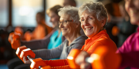 Smiling Seniors: Warm Gym Session with Dumbbells
