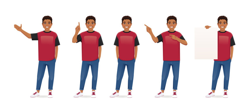 Young man boy in casual clothes standing with different gestures set isolated vector illustration