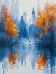 Autumn Mood: Cityscape in Gray and Blue Watercolor Generative AI