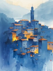 Autumn Mood: Cityscape in Gray and Blue Watercolor Generative AI