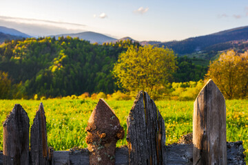 weathered wooden fence. mountainous rural landscape of transcarpathia, ukraine in spring blurred in...