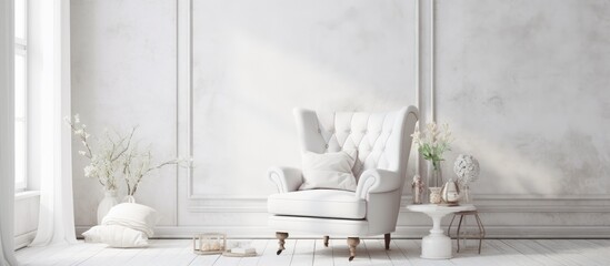 A white chair with a sleek design is positioned in a stylish room near a window. The room features Scandinavian interior design, emphasizing simplicity and functionality. The chair sits elegantly,