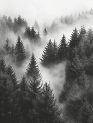 Mystical Foggy Forest Panorama - Minimalist Watercolor Illustration Generative AI