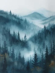Photo sur Plexiglas Forêt dans le brouillard Mystical Foggy Forest Panorama - Minimalist Watercolor Illustration Generative AI
