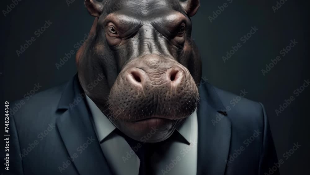 Poster A humorous image of a hippo dressed in a suit and tie. Perfect for adding a touch of fun to your project.