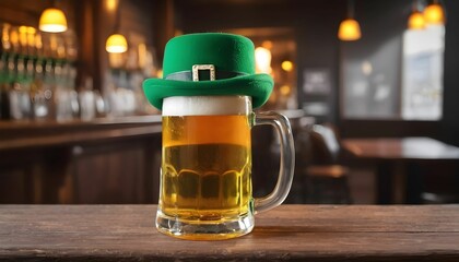 St. Patrick's Day, glass of beer and green hat on wooden bar in the pub background , bar pun background created with generative ai	
 - obrazy, fototapety, plakaty