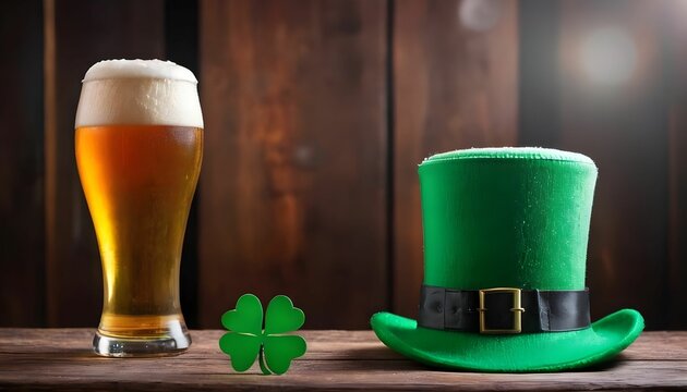 St. Patrick's Day, glass of beer and green hat on wooden bar in the pub background , bar pun background created with generative ai	
