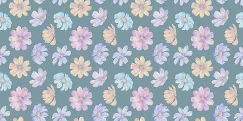 watercolor flowers, seamless pattern, abstract background of multi-colored flowers, for printing wallpaper, wrapping paper, cards