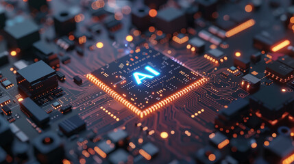 Microchip with AI written on it, on circuit board, symbolizing artificial intelligence  - obrazy, fototapety, plakaty