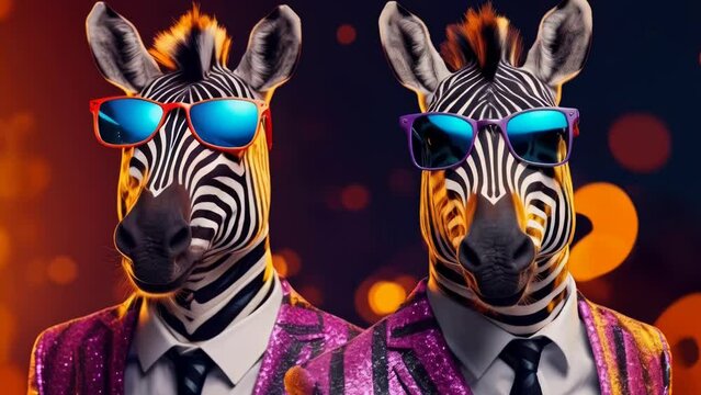 Two zebras wearing sunglasses and a suit. Perfect for fun and quirky animal-themed designs.