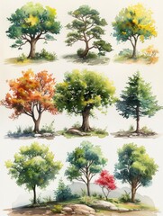 Cute Watercolor Tree Set Isolated on White Background Generative AI