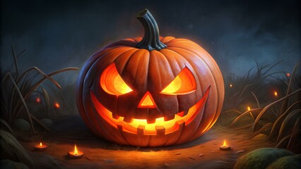 Eerie Halloween Pumpkin Carving: Ghostly Jack-O'-Lantern Illustration with Spooky Theme, Creepy Seasonal Decorations, Sinister October Festive Artwork