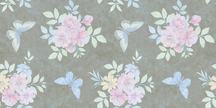 butterflies and flowers, seamless pattern on dark background, watercolor painting illustration, luxury wallpaper, premium modern design