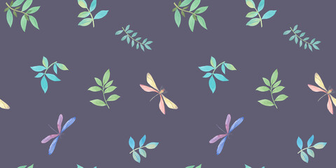 botanical seamless background of dragonflies and leaves, watercolor pattern of hand drawn leaves on branches, abstract illustration for wallpaper and packaging design