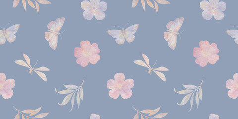 abstract butterfly and dragonfly background, delicate drawn flowers, seamless pattern, watercolor painting illustration, luxury wallpaper, premium modern design