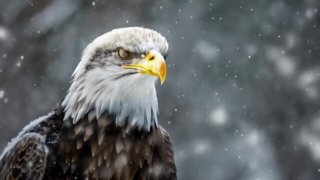 Closeup of a powerful bald eagle its white head and piercing yellow eyes stoically contrasted against the falling snow.