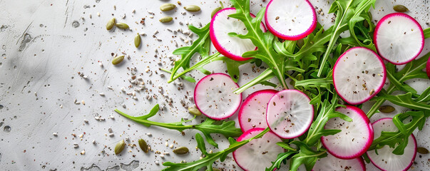 Sunflower seeds, arugula leaves, and radish slices composing a harmonious blend on a solid white surface. Top view space to copy. - obrazy, fototapety, plakaty