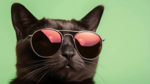 Stylish black cat wearing sunglasses on a vibrant green background. Perfect for pet lovers and animal-themed designs.