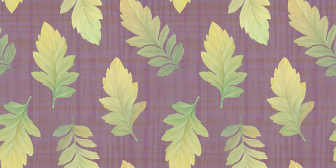 seamless botanical background of leaves, hand-drawn watercolor pattern, abstract illustration for wallpaper and packaging design, leaves on branches collected in an endless ornament
